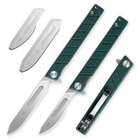 G016 Mini Slim Folding Scalpel with 5pcs #24 and 5pcs #60 G10 Handle with Liner Lock, Utility EDC Pocket Knife with Back Clip（Green）