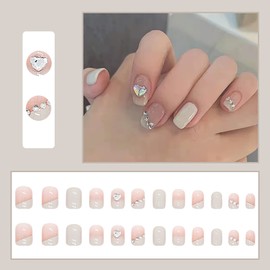 Press on Nails Short Square Fake Nails French Glossy White Acrylic Artificial False Nails 3D Rhinestone Stick on Nails with Design Full Cover Nail Tips for Women and Girls 24Pcs