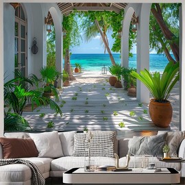 FENDROM Summer Beach Tapestry,Blue Ocean Sea Scenic View from Perfect Seaside Cabin Nature Scenery Wall Hanging for Bedroom Aesthetic Living Room College Home Decor