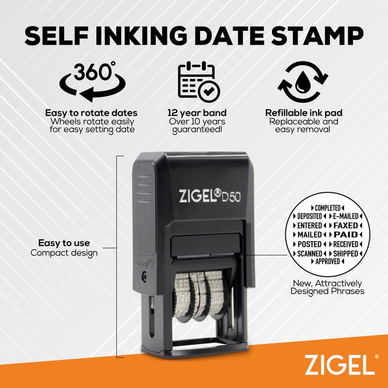 ZIGEL D50 Date Stamp with DEPOSITED - Self Inking Date