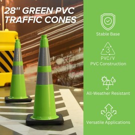 VILMON 8 Pack 28'' Green PVC Traffic Cones Road Construction Cones with Black Base and Reflective Stripes Safety Cones for Parking Lots Driveways Construction Areas and Traffic Control