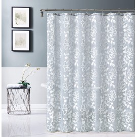 Dainty Home Rita 3D Floral Chenille Embroidered Solid Sheer 70" x 72" Shower Curtain, Silver/White