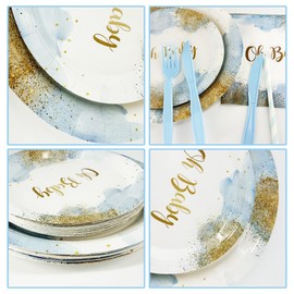 AIBIIN 112 pcs Baby Shower Decorations for Boy Blue Watercolor Pastel Party Supplies Disposable Dinnerware Oh Baby Newborn Baby Shower Birthday Paper Plates Napkins Cups Serves 16 Guests
