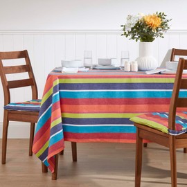 HOMESCAPES Cotton Table Cloth, Multi Striped Tablecloth, Square, Handcrafted & Durable Dining Table Cover with Hem Stitch, Hypoallergenic, Washable, Orange, Green, Blue, Yellow - 137 x 137cm