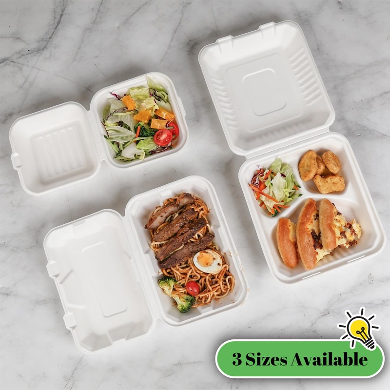 100 Pack 8×9 Inch 3-Compartment Compostable Bagasse Food Containers