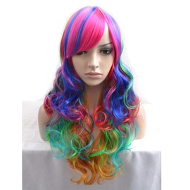 BERON 24" Stylish Long Curly Blonde Hair Wig Party Perruque (Rainbow)