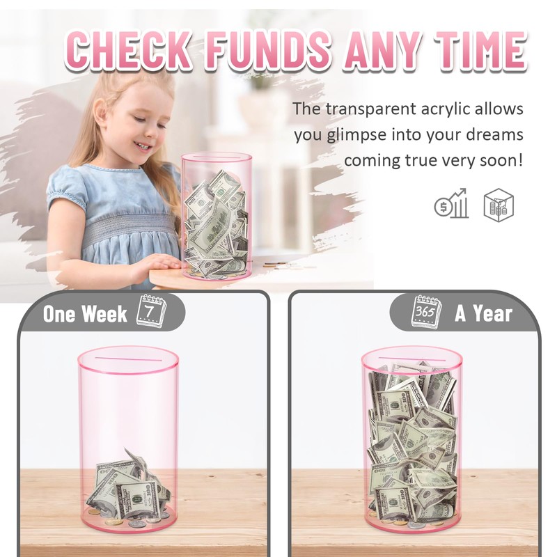 hizgo Clear Pink Piggy Bank for Adults and Kids, Unopenable