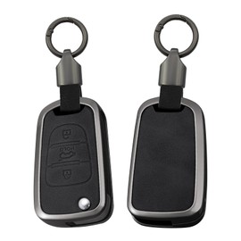 ontto Metal and Leather Key Fob Case Fit for Kia Soul 2010-2013 Flip Folding Car Key Shell Fit for Kia Rio Sportage 2012-2014 Car Accesories,Solid Key Skin with Keychain,Black