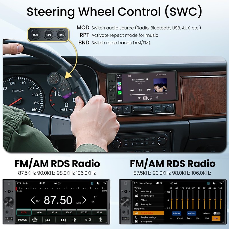 6.9" Single DIN Car Stereo with Apple CarPlay & Android