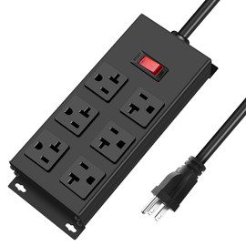 JUNNUJ Heavy Duty 20 Amp Power Strip, Garage 6 Outlets Metal 12 Gauge Surge Protector 3000J, High Amp 5-15P Adapter Shop 6-20R T-Slot Industrial (6AC, 10FT)