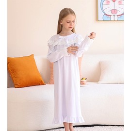 uideazone Girls Nightgowns Size 4-5t White Nightshirt Long Sleeves Sleepshirt Princess Pajamas Dress Comfy Lace Homewear