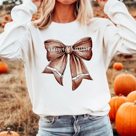Olive Loves Apple Football Coquette Bow Sweatshirt for Women and Teens Trendy Game Day Football Ribbon Pullover White Sweatshirt Adult X-Large