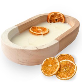 Wood Dough Bowl Candle with Orange Citrus Scent, Inclued Dried Oranges, 3-Wick | Wooden Dough Bowl Soy Candles Scented, Aromatherapy Candle, Made in USA. Size L10 x W6, 16 oz. ALOBYC