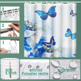 Niidder Shower Curtain, Fabric Shower Curtain Liner Butterfly Blue Shower Stall Curtain with 12 Hooks for Home Hotel Shower Curtains for Bathroom Waterproof Shower Curtain (72" X 72")