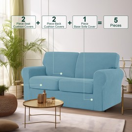 CHUN YI 5 Piece Stretch Loveseat Sofa Cover, 2 Seater Couch Slipcover with Two Separate Backrests and Cushions with Elastic Band, Checks Spandex Jacquard Fabric(Medium,Smoky Blue)