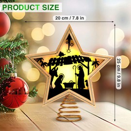 Christmas Star Tree Topper, 3D Wooden Nativity Star with LED USB Light, 2.5m Cable, Glitter Snowflakes, Handmade Rustic Xmas Holiday Decoration for Christmas Tree Topper