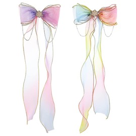2 Pcs Long Tail Organza Bow Hair Clips Colorful Ribbon Hair Bows Mesh Bowknot Hair Clips Little Princess Hair Clips Rainbow Hair Barrettes for Toddlers Kids Teens