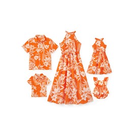 PATPAT Family Luau Matching Outfits Mommy and Me Beach Dresses Tropical Palm Leaf Print Halter Neck Sundresses Matching Hawaiian Outfits for Couples Orange Floral Vacation Hawaiian Dresses for Women S