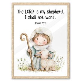 KensTro Natural OAK Wood God's Provision Framed Wall Art, 12x16 in Child and Pet Christian Bible Verse The LORD is My Shepherd Psalm 23:1 Canvas Art,Beige Logs Scripture Print Set of 1 for Kids Room
