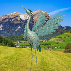 Oritty 42 Inch Crane Statues Spreading Wings for Outdoor, Standing Bird Metal Heron Statues for Yard Lawn Pond Garden Decor, Garden Sculpture & Statue, Cyan