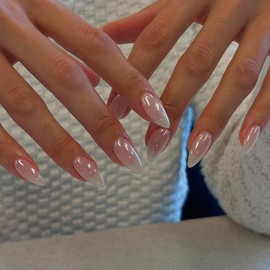 French Press On Nails Almond, KQueenest Chrome White Pink Press On Nails Medium, Glazed Fake Nails Press on, Natural Ombre Pink Nails, Glue on Nails Medium Stiletto Stick on Nails for Women Daily Wear