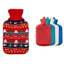Muellery Hot Water Bottle Flat Hand Feet Warmer Lettering Hot Water Bag with Cute Knitted Cover 67.6oz(2000ml) Red (Random Bottle Color) CW00538Red