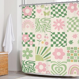 Newsely Retro Cute Green Pink Flower Shower Curtain 60Wx72H Inch Abstract 70s Danish Pastel Checkered Aesthetic Rainbow Groovy Bathroom Set Girls Waterproof Bath Decoration Accessories Home Decor