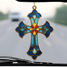Religious Christmas Ornaments - Stained Glass Cross Effect Ornament - Christian Christmas Ornaments 2025 - Cross Car Mirror Hanger Charm - Jesus Car Accessories - Christian Gifts for Women, Men
