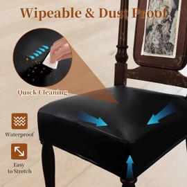 WUSOUPU Leather Seat Covers for Dining Room Chairs Set of 6, Waterproof Kitchen Chair Seat Protector Slipcovers Made of 4-Way High Stretch PU Leather and Rear Covers Design (Black 6 Pcs)