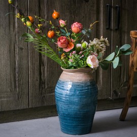 Tanvecle Blue Floor Vase, Ceramic Glazed Large Vase, Modern Farmhouse Home Decor, Big Rustic Terracotta Vase, Vintage Pottery Clay Vase, Wide Mouth Decorative Vase for Living Room Entryway Centerpiece