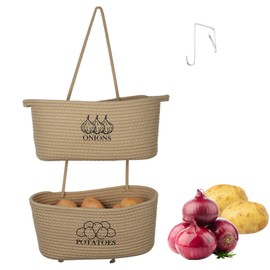 Xbopetda 2-Tier Potato and Onion Storage, Hanging Vegetable Baskets for Kitchen, Potato Bin Onion Basket Behind the Door Storage with Pothook, Cotton Rope Produce Storage Organizer Bag Decorative