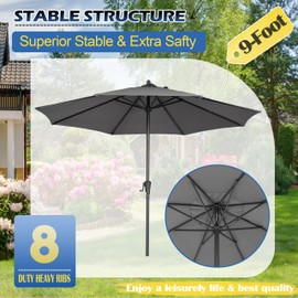Sunnyglade 9FT Outdoor Patio Umbrella, Market Table Umbrella with 8 Sturdy Ribs and Crank System, Fade-resistant & Waterproof for Garden Backyard Poolside Deck (Grey, 9FT)