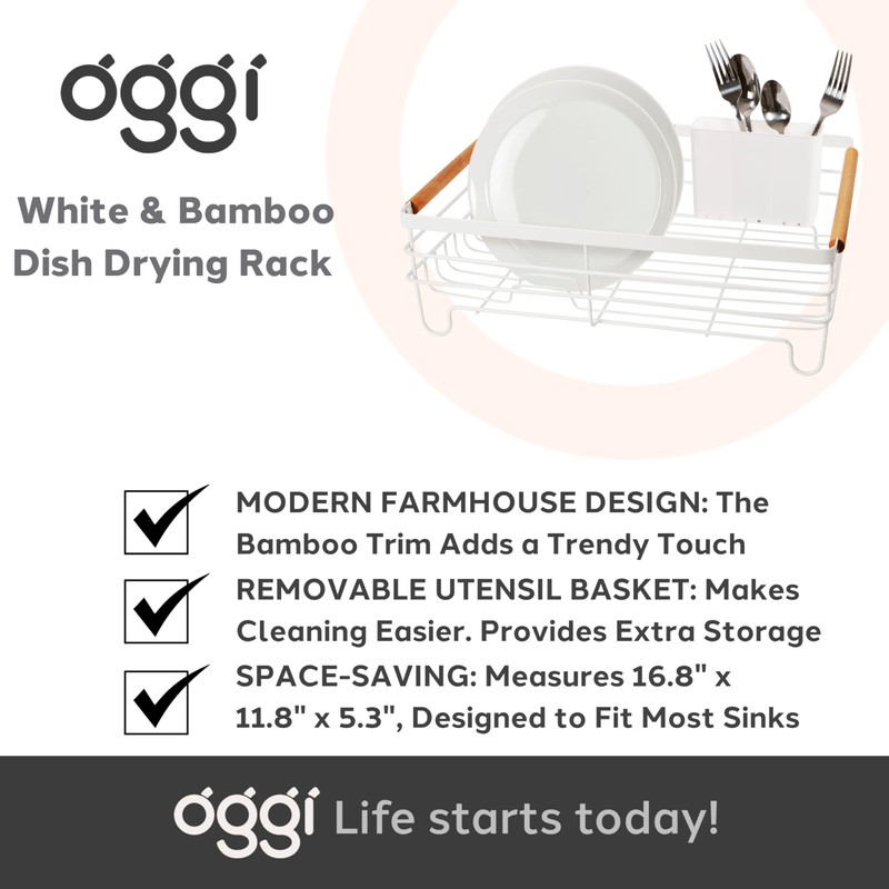 Oggi Large Dish Drying Rack - White & Bamboo Dish
