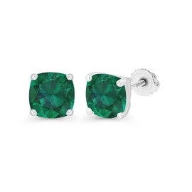 925 Sterling Silver 7mm Cushion Cut Created Green Emerald May Birthstone Screwback Stud Earrings