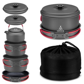 Alocs Camping Cookware Set Gear, Compact Camping Pots and Pans Set, Durable Hard Alumina Cooking Set for Outdoor Backpacking Hiking Picnic, Included Mesh Carry Bag.