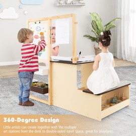 MAT EXPERT Easel for Kids, Wooden Kids Craft Table w/Double-Side Blackboard Whiteboard, Paper Roll Bookshelf & Storage, Children Drawing Desk Activity Center, Toddler Art Table and Chair Set (Coffee)