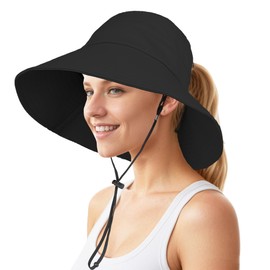 ehsbuy Wide Brim Fishing Hat Women's Cotton Foldable Sun Hat Summer Bucket Hat Ponytail Outdoor Hat with Adjustable Chin Strap for Beach Safari Travel Hiking, black, Unit size