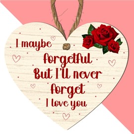 Romantic Wooden Heart Plaque – "I May Be Forgetful But I’ll Never Forget I Love You" – Heart-Shaped MDF Gift – Sentimental Wall Hanging for Partner – Anniversary, Valentine's, or Special Occasion