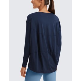 CRZ YOGA Pima Cotton Long Sleeve Workout Shirts for Women Loose Fit Athletic Yoga T-Shirts Casual Boat Neck Fall Tops Navy Large
