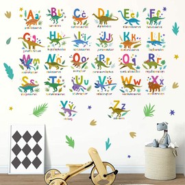 DEIKOKA Children Dinosaur Wall Decal 26 Alphabet Stickers Peel and Stick Removable Kids ABC Art Sticker Decor for Classroom Bedroom Nursery Living Room Decoration