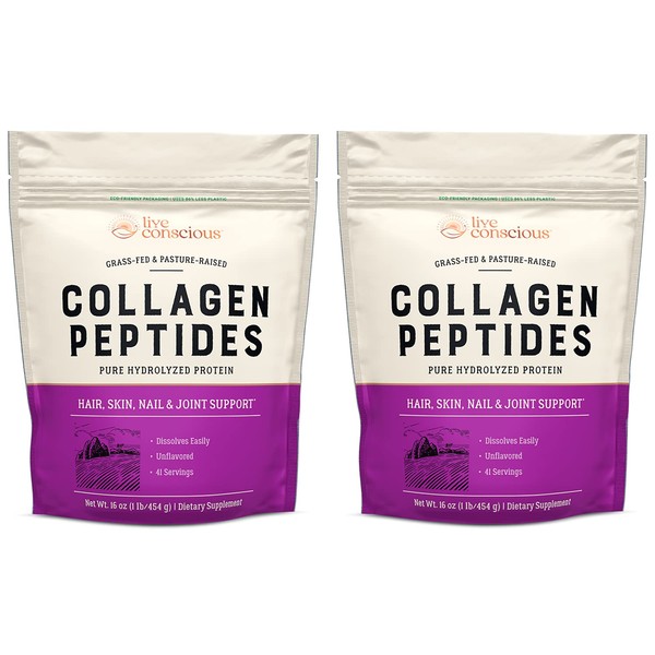 Live Conscious Collagen Peptides Powder - Hair, Skin, Nail, and Joint Support - Type I & III Collagen - Naturally-Sourced Hydrolyzed Protein - 82 Servings - 16oz (2-Pack)