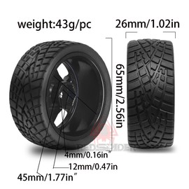 1/10 RC Rally Racing Tyres and Aluminum Wheels 12mm Hex On Road Tires OD 2.56" for Tamiya TT01 TT02 XV01 TA06 A959 PTG2 HPI KYOSHO PTG2 Traxxas 1:10 Street Touring Drift Car (Black)