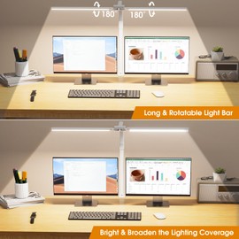 SIBRILLE LED Desk Lamp for Home Office - Eye-Caring Computer Desk Light with Clamp, Adjustable Work Lamp with Color Changing, Dimmable Double Head Monitor Light with Gooseneck, White
