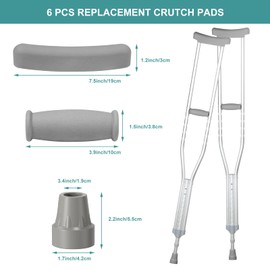 Replacement Crutch Pads 6 Pieces Crutch Accessory Replacement Kit with Armpits Hand Grips Covers Crutch Hand Grip and Crutch Tips for Standard Aluminum Crutches (Gray)