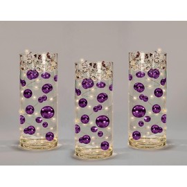 Floating Purple Plum Pearls - Shiny - Jumbo Sizes - with Must Have Tranparent Water Gels KIT for The Best Floating Effect - Fills 1 GL of Gels for Vase Decorations-Warm White Submersible Fairy Lights