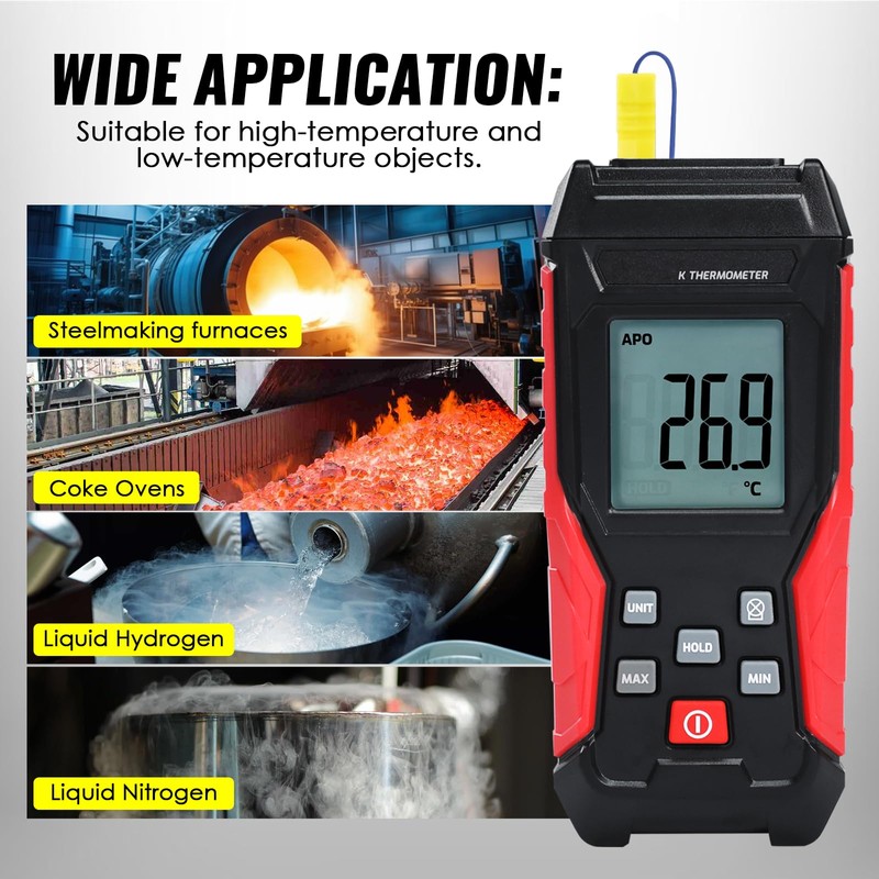 Digital K Type Thermometer with Two Thermocouple Probes, -328°F~2501°F Single