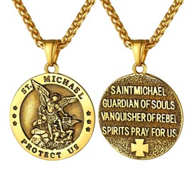 Bandmax Men Women 18K Gold Plated Catholic Religious Medal Necklace Saint Michael Protect Us Round Charm Necklace Guardian Angel Pendant with 22" Chain