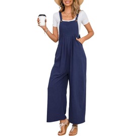 chouyatou Overol de lino de pierna ancha para mujer, estilo palazzo, estilo casual, Azul marino, M