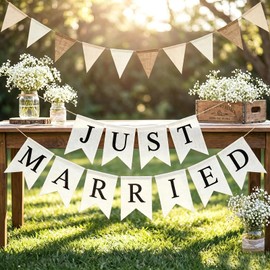 Just Married Banner Burlap Vintage,Rustic Just Married Banner Cream White with Black Letters/Tan Cream Burlap Triangle Banners, Pre-Assembled Engagement Wedding Car Decoration, Wedding Bunting Bridal Shower Decoration