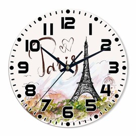 NOMEDOGYIM Eiffel Tower Wall Clock Battery Operated Romantic Landmark Wall Clock Silent Non Ticking Quality Quartz 10 Inch Round Easy Clock to Read for Home Office